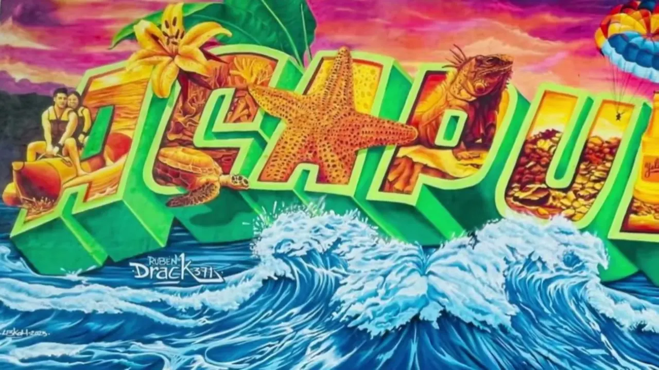El mural de Rubén 'Drac' con las letras de Acapulco y el oleaje